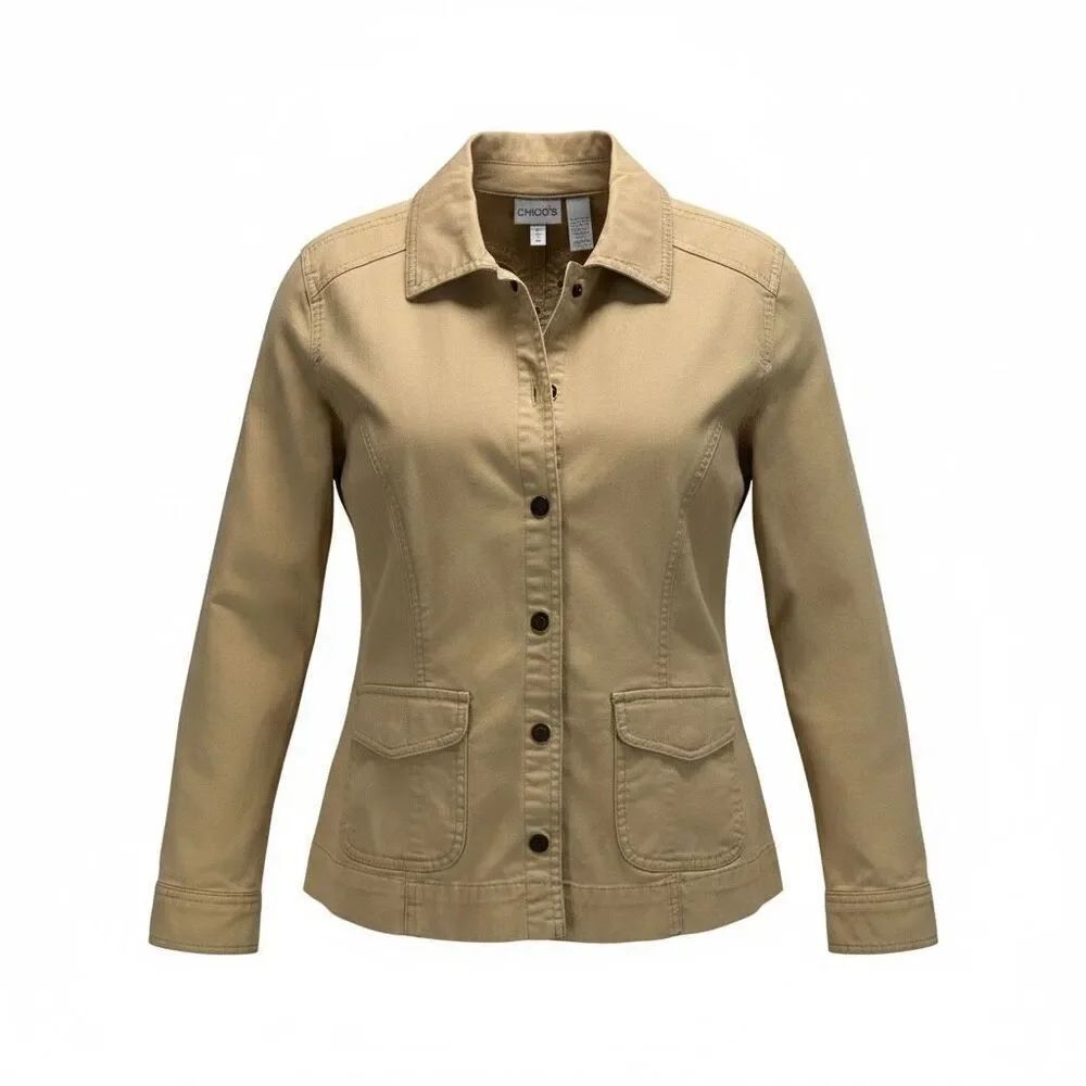 Chico's Khaki Tan Embroidered Utility Jacket Sz M Boho Cotton Cabincore